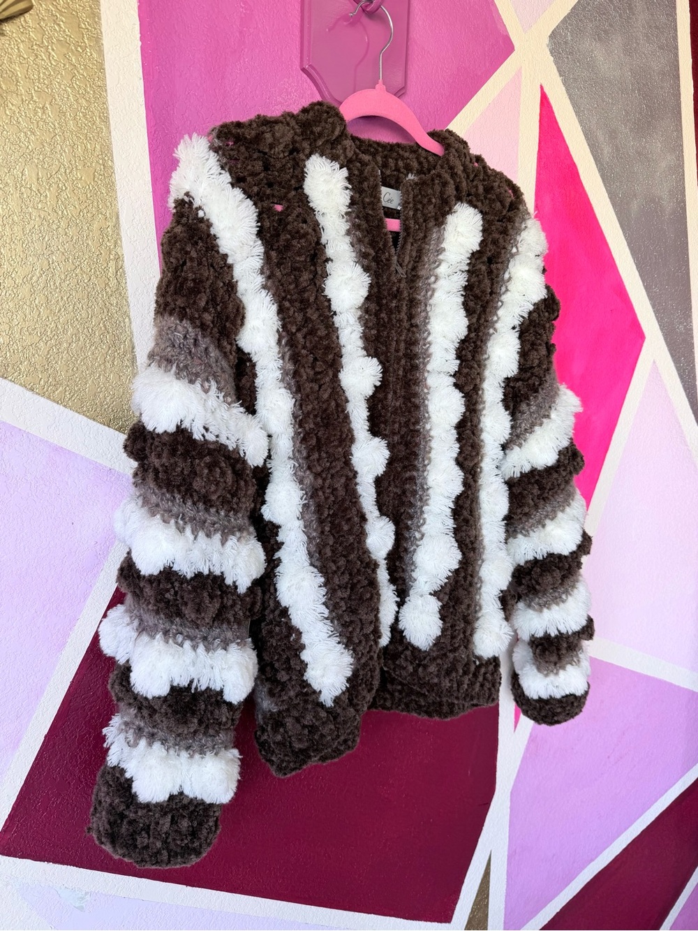 Vintage 90s Cee Brown Stripe Pom-Pom Fuzzy Zip Jacket Novelty Knit XL - Picture 4 of 13